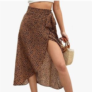 Amazon Brown and Black Wrap Midi Skirt with High-Low Slit